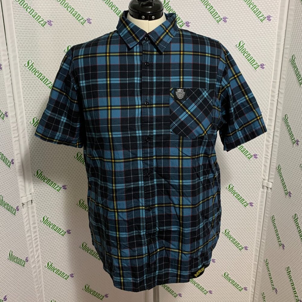 Middle Of Beyond Button Down Demons Shirt MOB Plaid Blue Black Mens XL